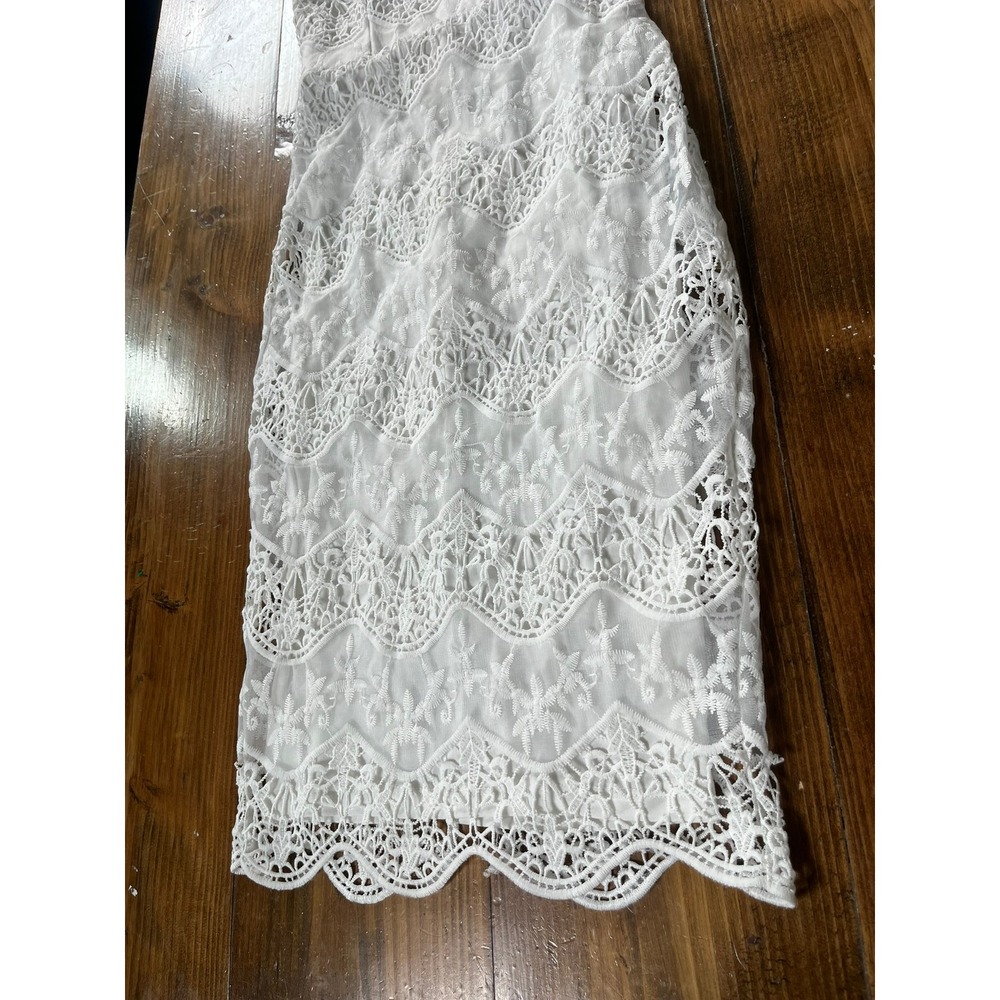 Milla White Lace Strapless Midi Dress Crochet Sheath Bridal Shower Small - Picture 2 of 9